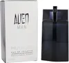 Mugler Alien Man Eau de Toilette 100 ml mit kantigem, dunkelviolettem Flakon neben eleganter, weißer Verpackung mit schwarzem Logo-Schriftzug. Produktbild-Vorschau