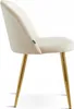 A side view of a single beige upholstered dining chair with gold metal legs, set against a white background. Produktbild-Vorschau