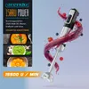 A hand blender is shown in action, with a swirl of berry juice and fruit around it. Text overlays highlight its features and power. Produktbild-Vorschau