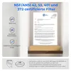 A document with certifications and seals is displayed on a shelf, with text about filter certifications above it. Podgląd zdjęcia produktu
