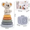 A product shot showing a koala stacking toy and a set of blocks, along with packaging and dimension callouts. Voir les images du produit