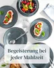 A collection of rustic-style stoneware plates and bowls, some with food, arranged on a white surface. Produktbild-Vorschau