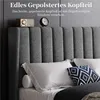 A close-up view of a upholstered bed frame with pillows and a decorative pillow. Podgląd zdjęcia produktu