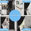 A collage of four images showing black curtains used as room dividers in different settings: a laundry room, a hallway/staircase, a closet, and a kitchen. Produktbild-Vorschau