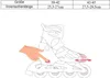 A size chart and an illustration of an inline skate with a hand pointing to an adjustment mechanism. Produktbild-Vorschau