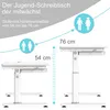 Two white height-adjustable desks are shown, one at its lowest setting and one at its highest. Text and graphics indicate the height range and suitability for children. Produktbild-Vorschau