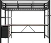 A black metal loft bed with an integrated desk and shelving unit, shown against a white background. Náhled obrázku produktu