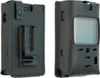 Two views of a black leather case for a pager, one showing the back with a belt clip and the other showing the front with a screen. Podgląd zdjęcia produktu