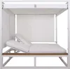 A white outdoor lounge bed with adjustable backrests and a wooden base, set against a white background. Produktbild-Vorschau