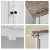 Collage of four close-up shots of a white kitchen buffet with a distressed wood-look countertop and details like door handles, a magnetic catch, and a drawer pull. Náhľad obrázku produktu