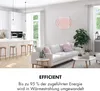 A modern living room with a kitchen area, featuring a white sofa, coffee tables, and a wall-mounted heater. Produktbild-Vorschau