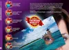 A woman's eye is visible through a puzzle piece cut out of a larger puzzle image depicting a tropical beach scene. Text and graphics describe the features of the puzzles. Produktbild-Vorschau