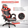 A red and black gaming chair with a footrest and text overlays highlighting its features. Produktbild-Vorschau