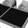 A close-up view of a modern outdoor furniture set, featuring a table with a black surface and chairs with gray cushions and woven sides. Produktbild-Vorschau