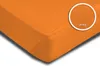 A close-up view of an orange fitted sheet, with a circular inset showing a magnified view of the fabric texture and the word 'Jersey'. Produktbild-Vorschau