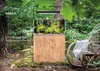 An aquarium stand with an aquarium on top, set in a natural outdoor environment with trees and a chair. Produktbild-Vorschau