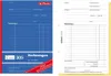 A collage of two different invoice forms, one blue and one white with yellow trim. Produktbild-Vorschau