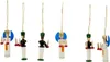 A line of five wooden Christmas ornaments shaped like soldiers holding candles, against a white background. Produktbild-Vorschau