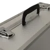 A close-up view of the handle and latches on a silver suitcase. Produktbild-Vorschau