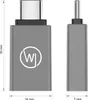 Two views of a small gray adapter with a USB-C connector on one end and a different connector on the other. Dimensions are shown with rulers and text. Produktbild-Vorschau