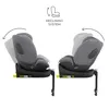 Two car seats shown in different reclining positions, with an illustration of a reclining system above. Voir les images du produit