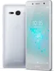 A white Sony Xperia XZ2 compact smartphone is shown from the front and back.