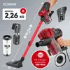 A collage of images showcasing a red and black stick vacuum cleaner with various attachments and specifications. Produktbild-Vorschau