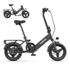 A black folding electric bicycle is shown against a white background. A smaller, folded version of the same bicycle is visible in the upper left corner. Produktbild-Vorschau