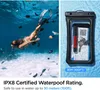 A split image showing a woman swimming underwater on the left and a waterproof phone case with items inside on the right. Podgląd zdjęcia produktu