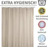 A beige shower curtain is shown hanging from a shower rod, with various marketing icons and text on the right side. Anteprima dell’immagine prodotto