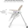 A beige and white high chair shown from the side, with multiple height settings indicated by arrows and text. Produktbild-Vorschau