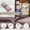 Collage showing a rolled-up towel, a packed suitcase, and a close-up of the towel fabric with feature icons. Produktbild-Vorschau