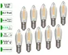 A collection of LED filament light bulbs arranged on a white background, with informational text boxes on the left. Produktbild-Vorschau
