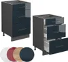 Two kitchen drawer cabinets are shown, one with drawers closed and one with drawers open, along with color swatches. Náhled obrázku produktu