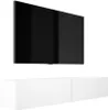 A white matte TV cabinet mounted on a wall with a black flat-screen TV mounted above it. Voir les images du produit