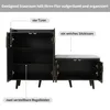 A black shoe cabinet with a bench seat, shown with doors open to reveal storage space and adjustable shelves. Text labels highlight features. Podgląd zdjęcia produktu