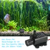 An aquarium with plants and a fish, with a water pump in the foreground and text describing its specifications. Produktbild-Vorschau