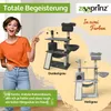 A woman is pointing at a cat tree, with two different colored cat trees shown as options. Produktbild-Vorschau