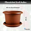 A brown planter with a saucer, with dimensions indicated by text overlays. Produktbild-Vorschau