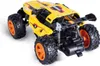 A yellow remote-controlled off-road car with black tires and orange rims, shown from a rear-side angle against a white background. Produktbild-Vorschau