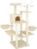 A multi-level cat tree with various platforms, perches, a hideaway house, and hanging toys, all in a neutral beige color. Náhled obrázku produktu