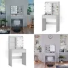 A collage of four images showing a white vanity table with LED lights and a stool from different angles and settings. Podgląd zdjęcia produktu