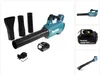 A teal and black Makita cordless leaf blower with accessories, including a battery, is displayed on a white background.