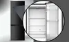A black refrigerator with its door open, showing the interior shelves and drawers. A magnified view of the interior is presented. Produktbild-Vorschau