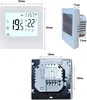 A collage of images showing a digital thermostat from different angles, including its front display and back connection terminals, with dimensions indicated. Náhled obrázku produktu