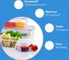 Product image with text overlays describing features of food storage containers. Produktbild-Vorschau