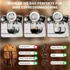 The image shows three espresso machines with different extraction levels, accompanied by images of coffee beans and text describing roast levels and coffee types. Produktbild-Vorschau