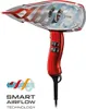 A cutaway view of a red hairdryer showing its internal components and airflow, with marketing text and graphics below. Produktbild-Vorschau