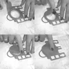 A collage of four images showing hands demonstrating how to attach a vacuum cleaner bag. Produktbild-Vorschau