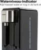 Close-up of a black water dispenser with a silver top, showing the water level indicator. Text overlays describe the feature. Produktbild-Vorschau